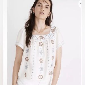 Madewell  Embroidered Square-Neck Peasant Top